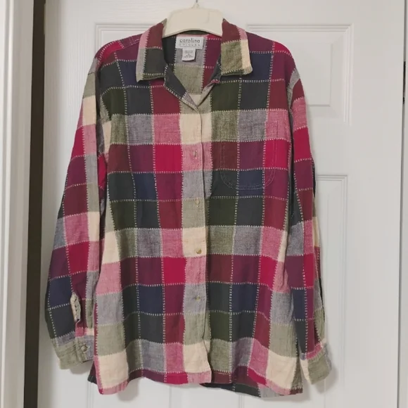 90's Carolina Colours Colorblock Gauze Button-Up Shirt XL 100%Cotton Windowpane - Picture 10 of 15